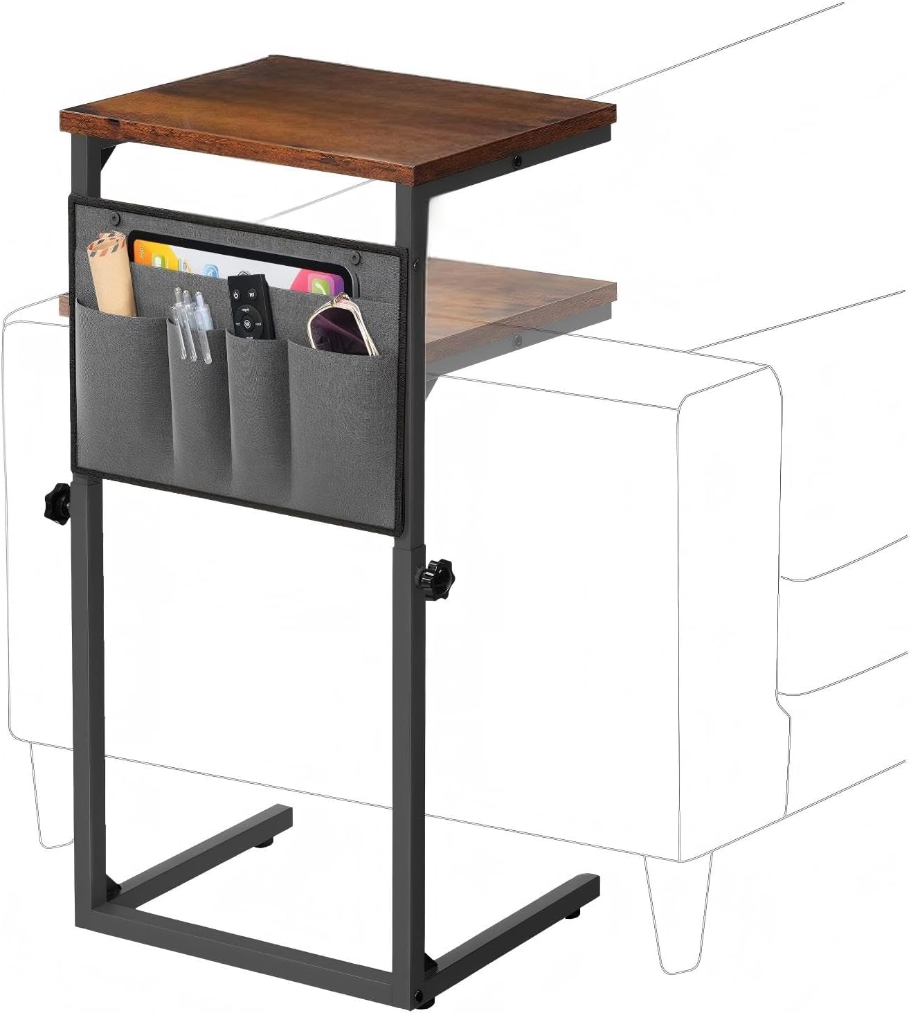 HOOBRO C Shaped End Table, Adjustable Height Side Table for Sofa, Couch Side Table for Small Spaces, Slide Under Sofa TV Tray Table for Living Room, Bedroom, Rustic Brown and Black BF77SF01