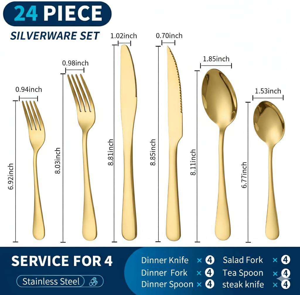 GPY Gold Silverware Set with Steak Knives, 24-Piece Stainless Steel Flatware Set Service for 4, Titanium Plated Gold Cutlery with Mirror Finish, Dishwasher Safe for Wedding, Party & Gift