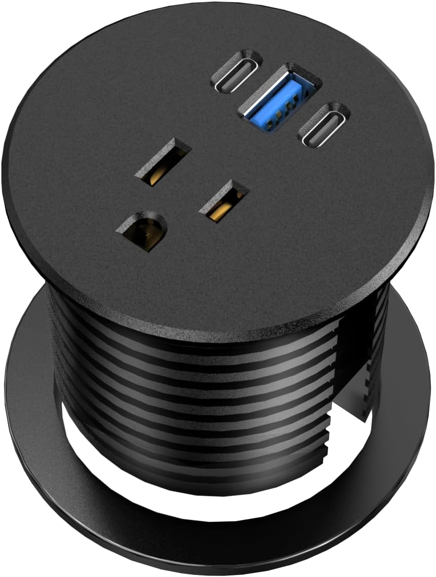 Desk Grommet Power Outlet, 2.5 inch Desktop Recessed Outlet with 20W Fast Charging USB-C Port, Flush Mount Outlet for Conference Rooms, Office Tables, Furniture (Black, 6FT)