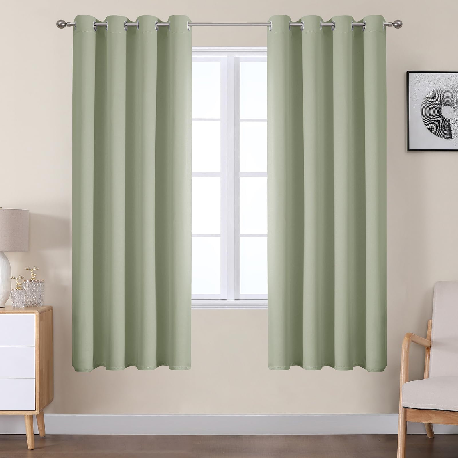 VEHEDE Soft Blackout Curtains for Living Room, Thermal Curtains for Bedroom, Window Treatments Drapes for Room Darkening, Eyelet Black Out Curtain, W46 x L63 Inch, Sage Green, 2 Panels
