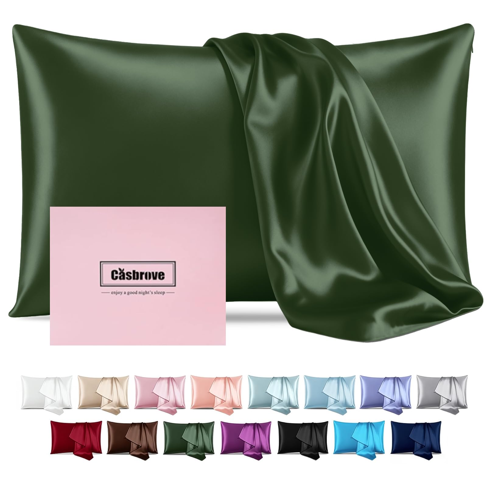 Mulberry Silk Pillowcase for Hair and Skin, Soft Breathable Smooth Both Sides with Zipper Closure (Large, Green)
