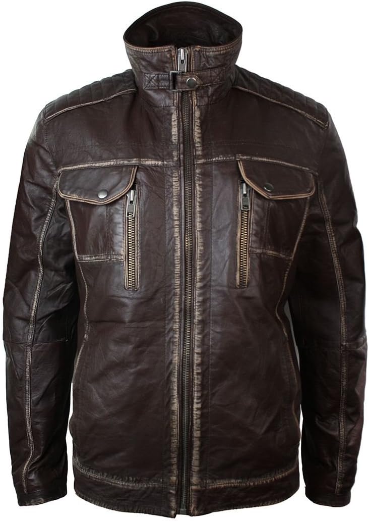 Men's Distressed Jacket Washed Leather Brown Black Rub Off