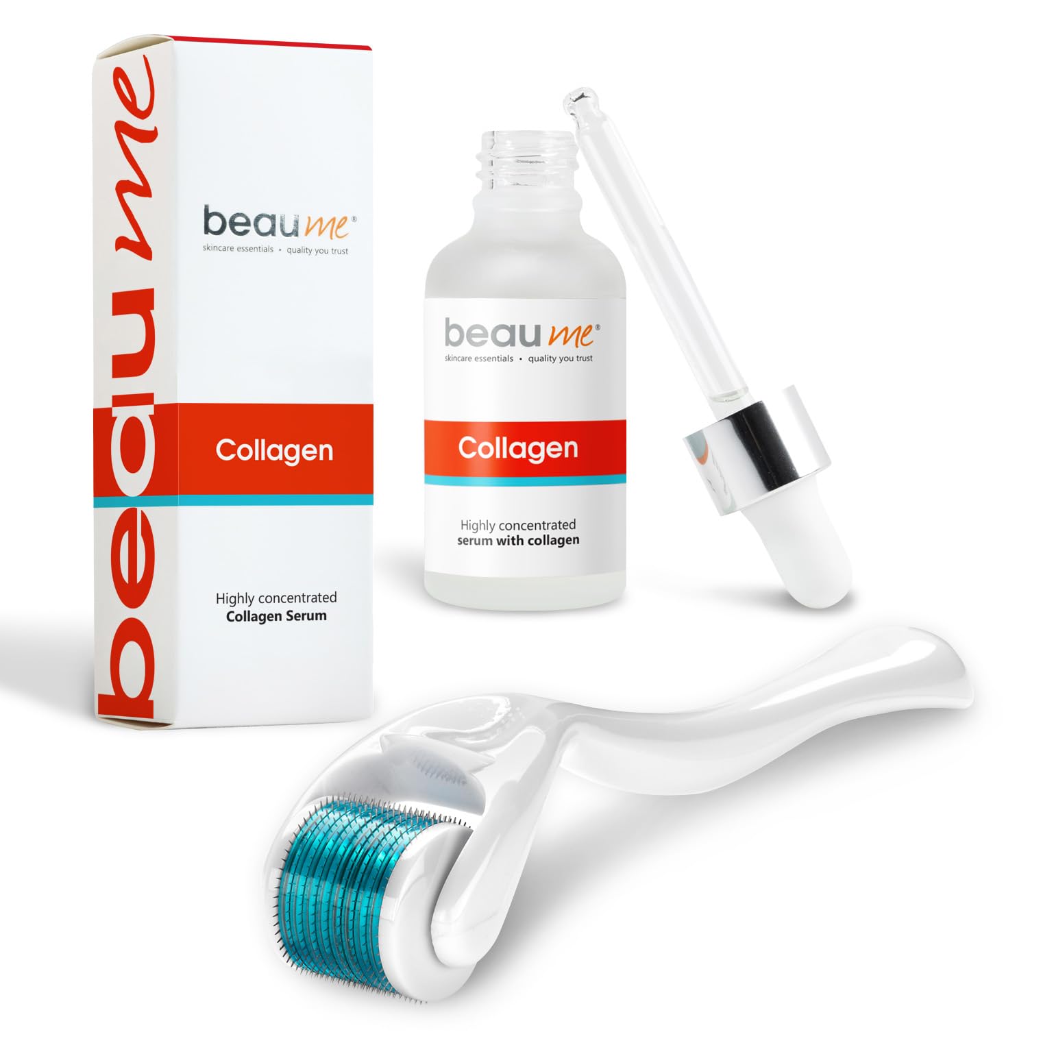 BeaumeSet: Dermaroller with 540 needles • the Original • certified in Germany (0,50mm) & BEAUME® Highly Concentrated Collagen Serum 30ml • free of parabens