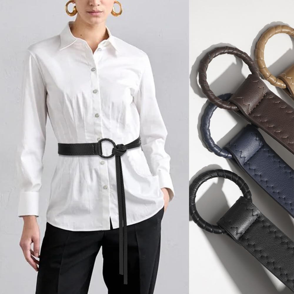 Knotted Waist Belt for Women PU Leather Thin Strap Belt for Dresses - Image 2