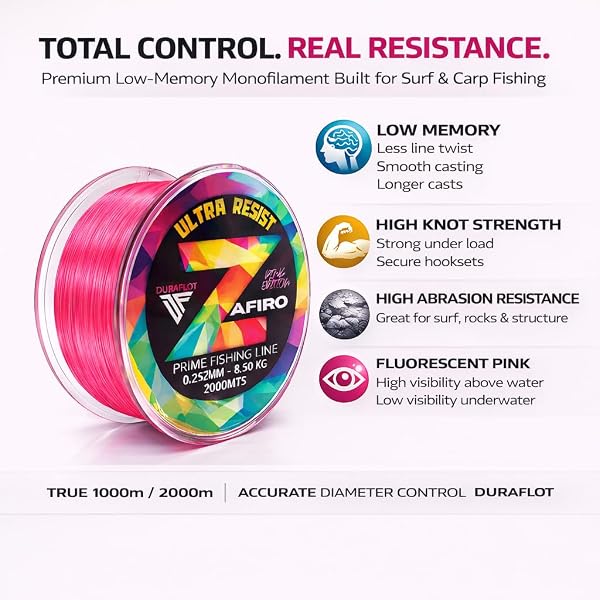 DURAFLOT Zafiro Pink (Rosa flúor) — Hilo de Pesca monofilamento (Nylon) — 1000/2000 m — 0,18/0,20/0,25/0,30/0,35/0,40/0,45/0,50 mm — Baja Memoria y Alta abrasión - 2