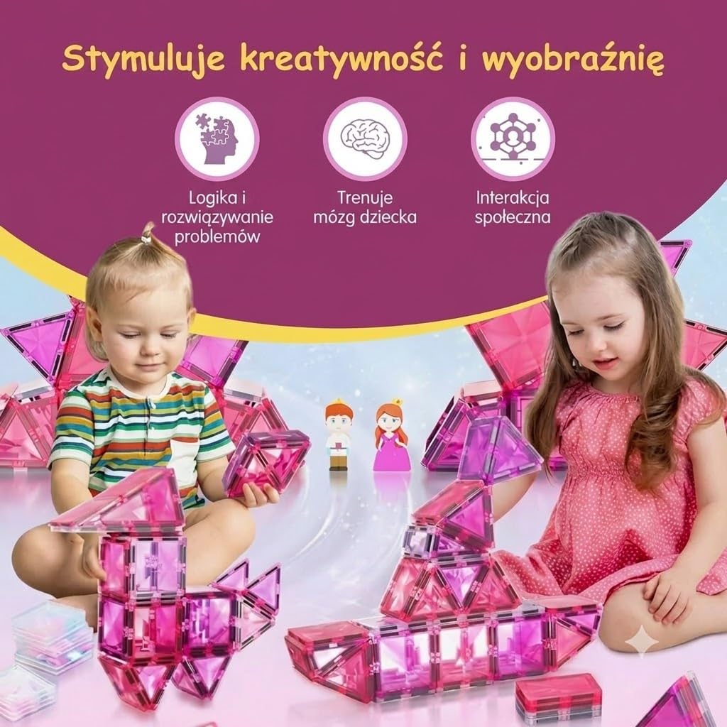 Olvy Klocki Magnetyczne Montessori 80 Elementów Księżniczka – Zabawka Edukacyjna dla Dzieci od 3 Lat – Magnetic Tiles