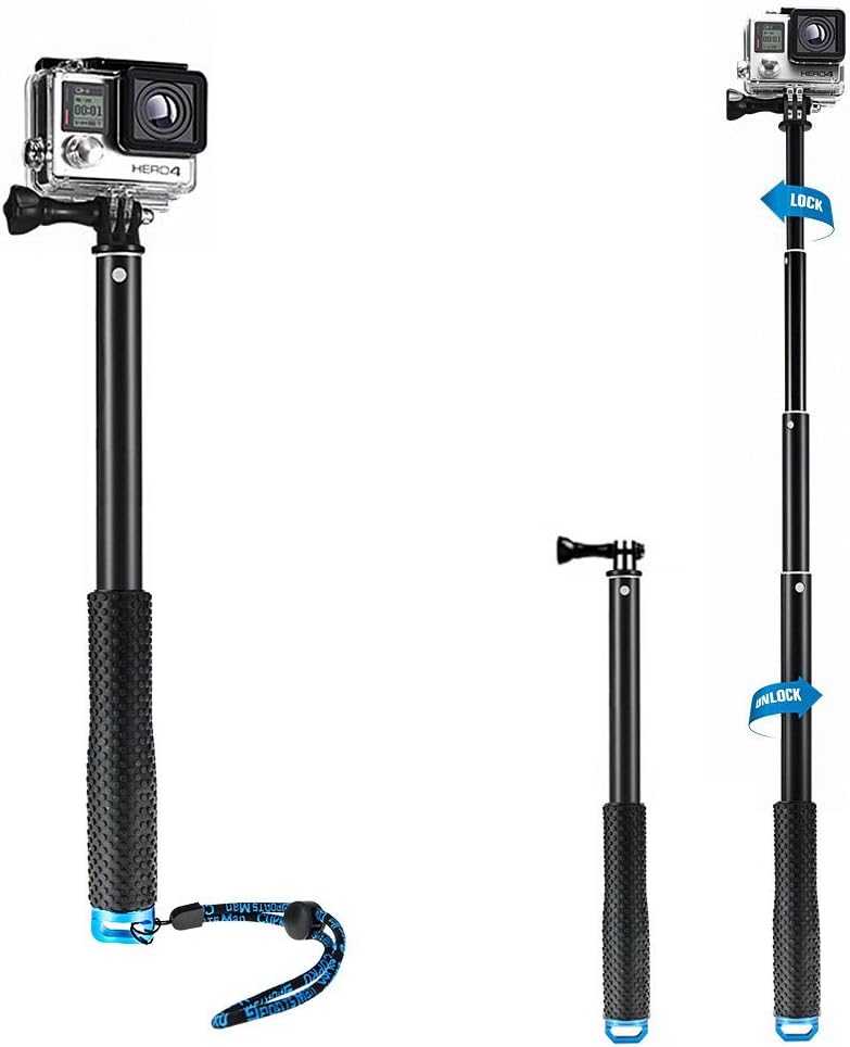 Mystery Waterproof GoPro Flexible Aluminum Telescoping Monopod Selfie Stick Pole with Thumb Screw and Adjustable Wrist Strap for GoPro Hero Xiaomi Yi Action Cameras (11-36 inches) (Black+Blue)