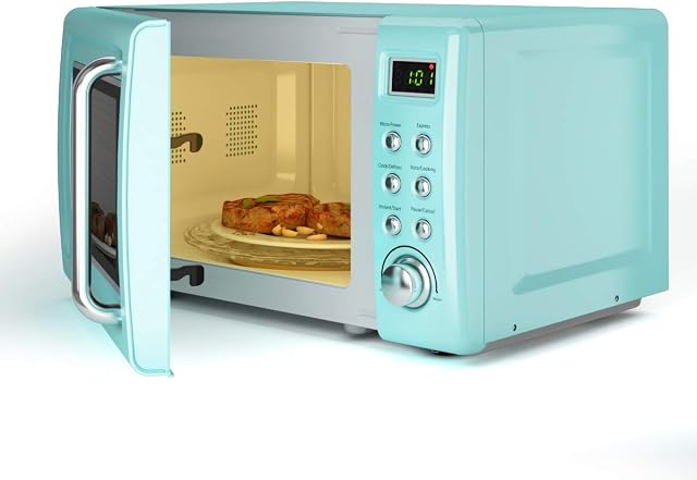 Four à micro-ondes rétro,Safeplus 0.7Cu.ft, comptoir 700W Micro-ondes avec plaque en acier laminé à froid 5 Défrostage micro-électrique & Fonction de cuisson automatique LED Afficher la platine en verre et la fenêtre de visionnement serrure enfant