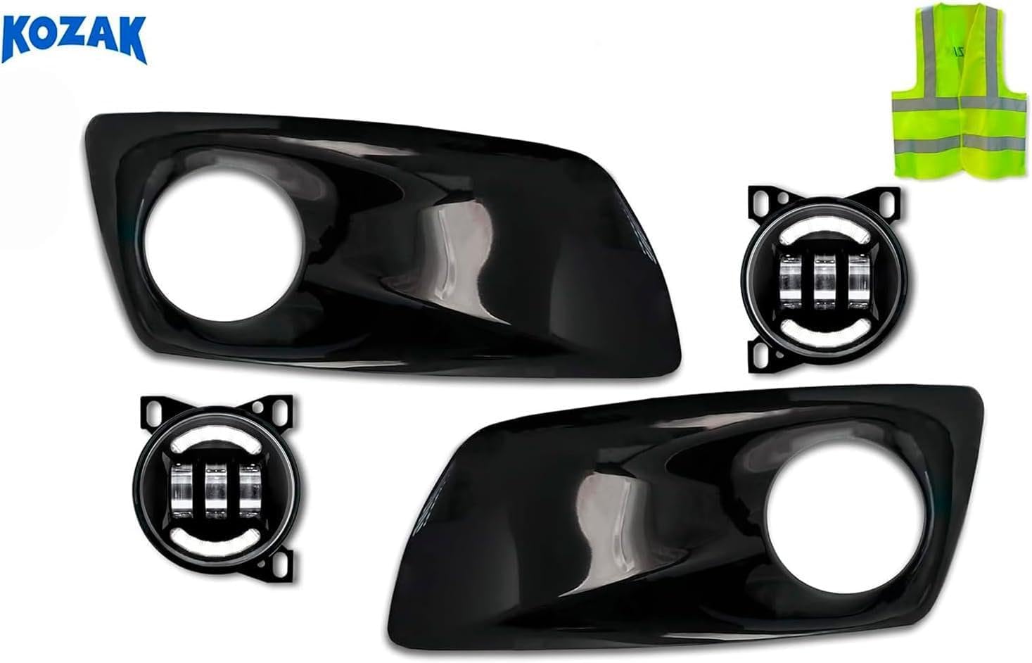 KOZAK Black Plastic Fog Light/Lamp Bezels and Black Full LED Fog Lights, Set for Right Passenger and Left Driver Side, Compatible with Kenworth T660, Includes Logo and Reflective Vest