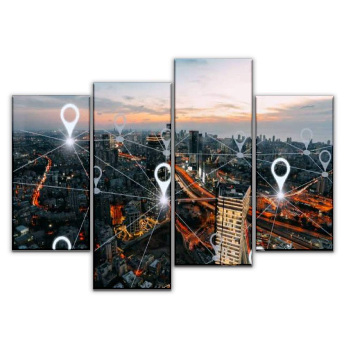 4 Panel Canvas Pictures network gps navigation modern city future technology future citys Home Decor Gifts Canvas Wall Art for your Living Room