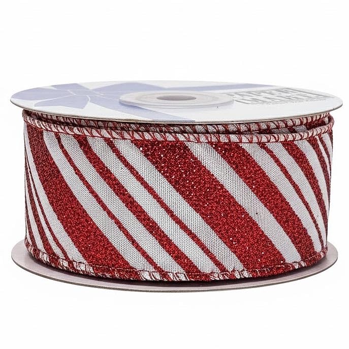 Image of Wired Christmas Ribbon Red Stripes - 1 1 /2 inch x 10 Yards, Red White Peppermint Candy Cane, Garland, Gifts, Wrapping, Wreaths, Bows