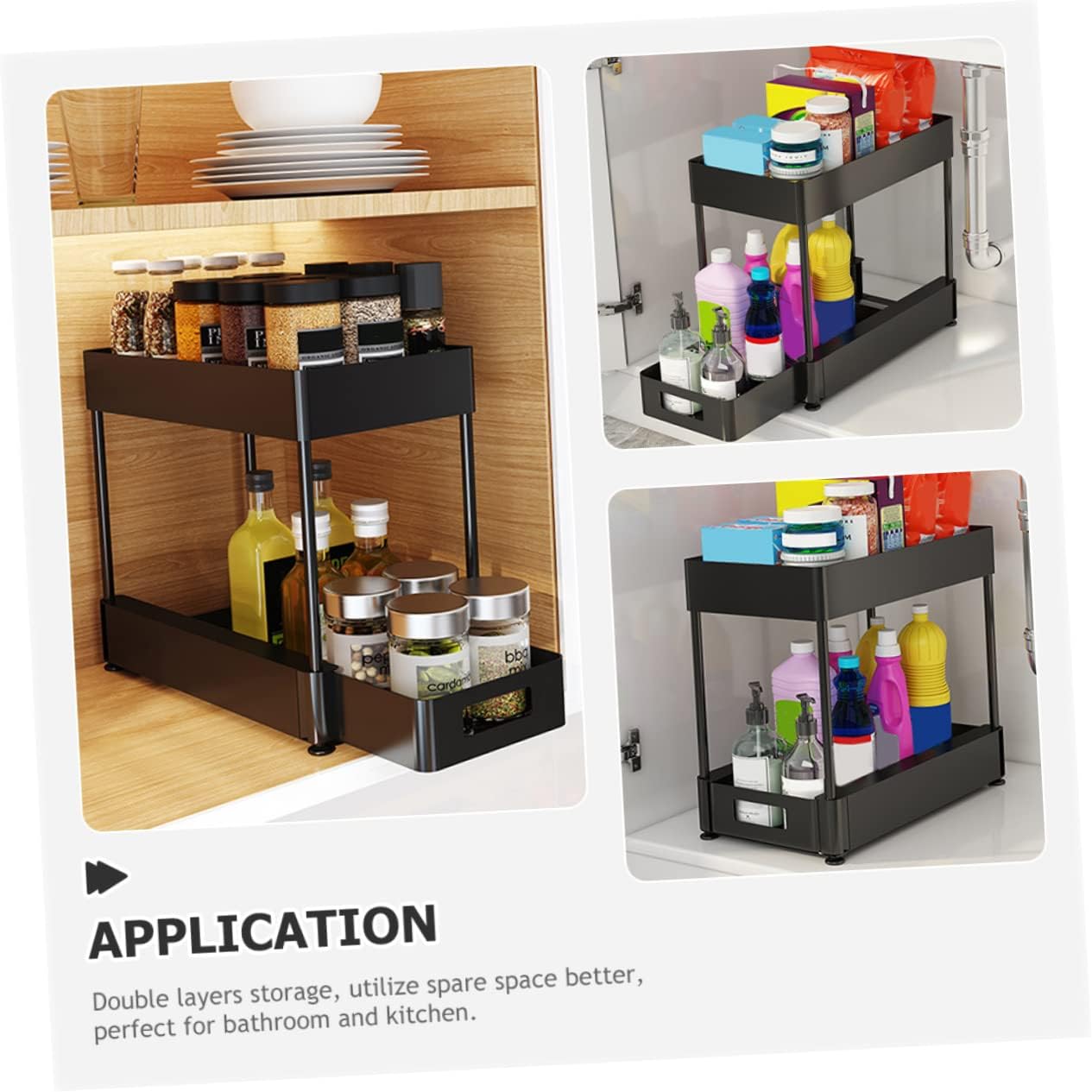 Sink Organizer Pull-Out Shelves Double Layer Storage Rack for Kitchen and Bathroom Plastic Space-Saving Design for Cabinets Easy Access for Home Organization