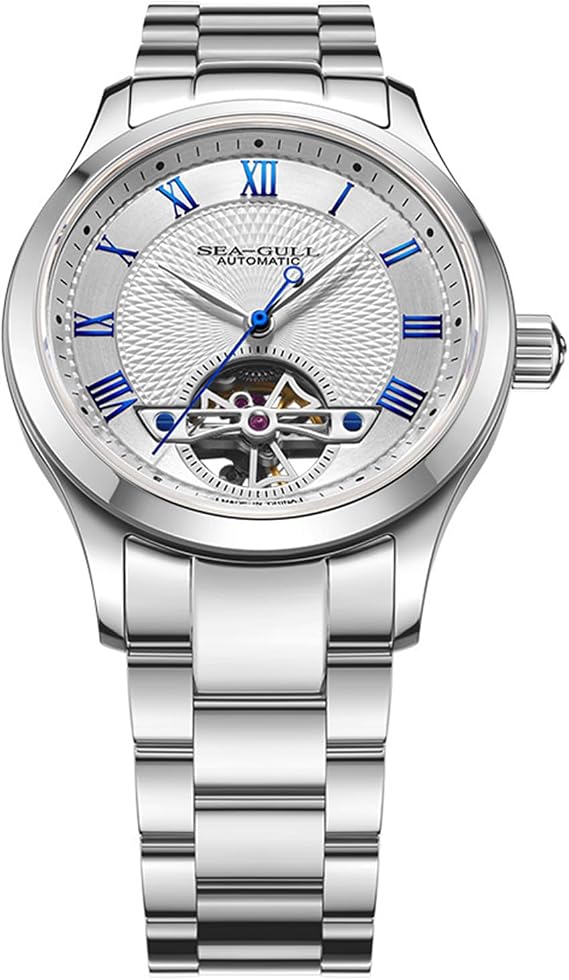 SEA-GULL Men's Automatic Mechanical Watch, Skeleton Dial with Flywheel, Stainless Steel Business Wristwatch, Sapphire Glass, 1090