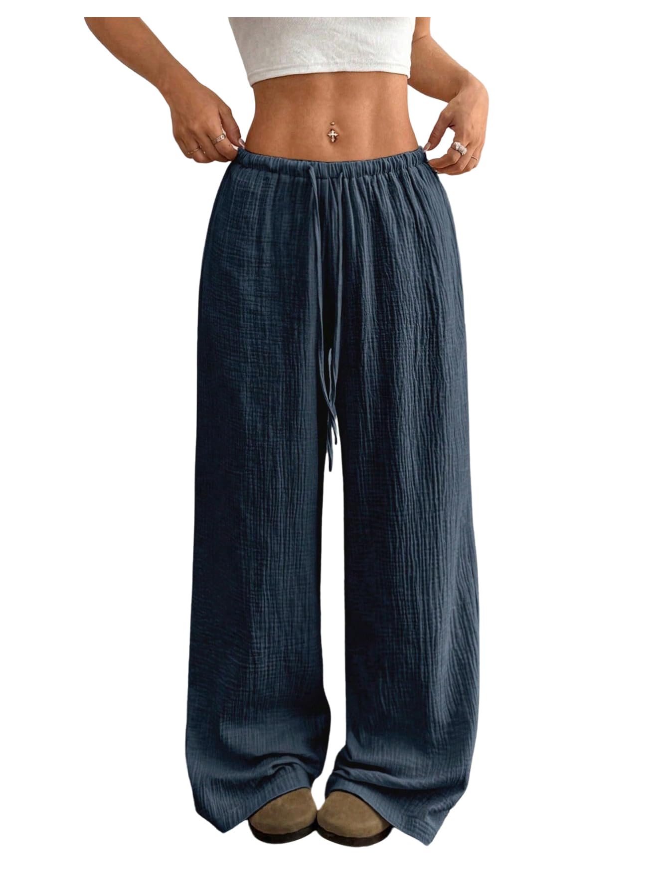 SOLY HUX Womens Baggy Palazzo Pants Drawstring Elastic Waist Wide Leg Casual Trousers with Pockets