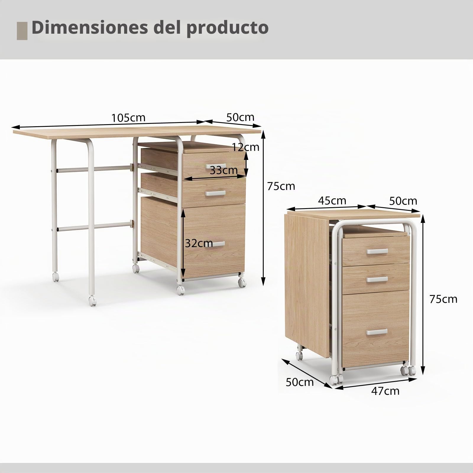 LIFEZEAL Escritorio Plegable con cajones y Ruedas (Natural)