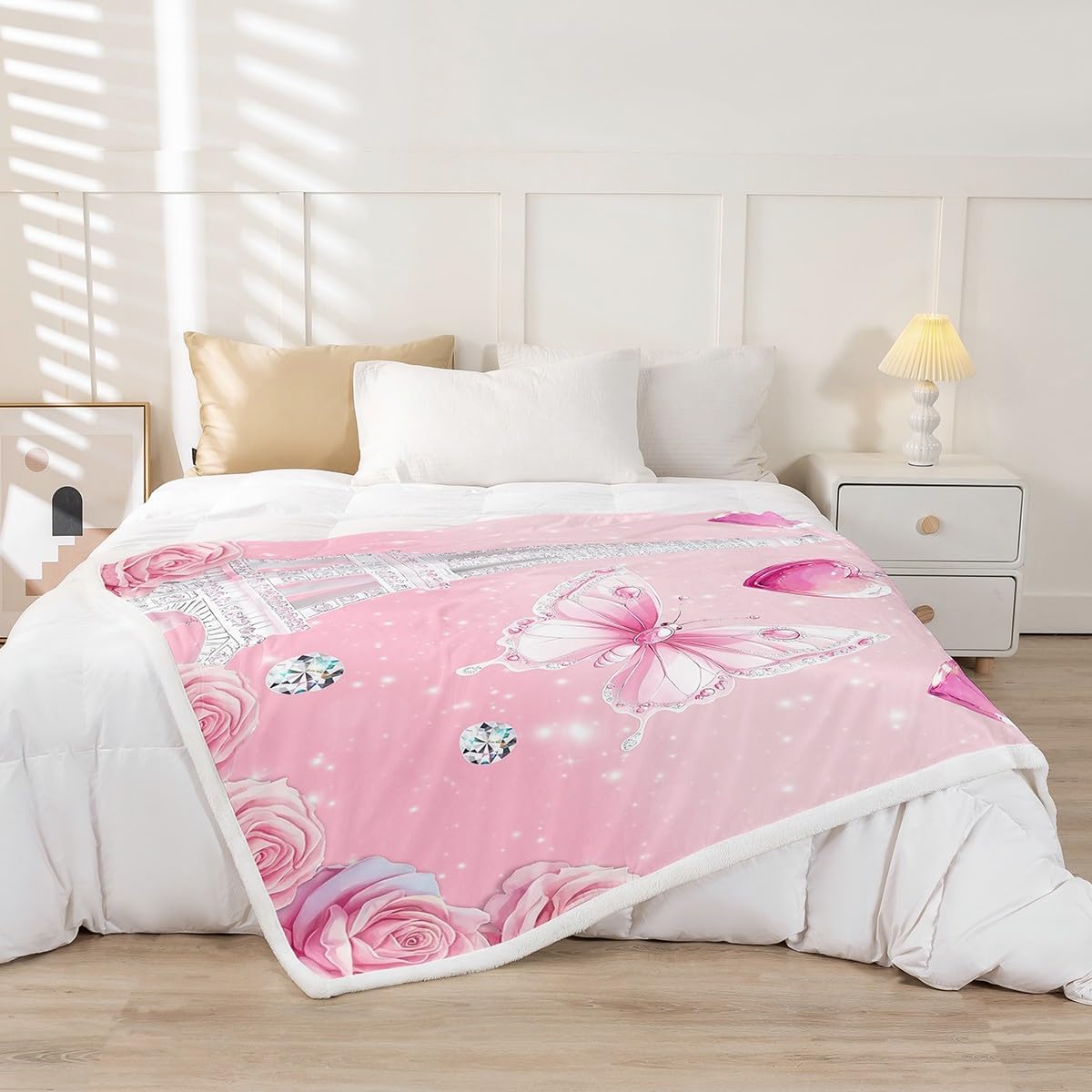 Erosebridal Pink Paris Blankets and Throws,Eiffel Tower Rose Blanket Throw for Girls,Pink Floral Butterfly Fuzzy Blanket 60"x80",Princess French Style Decor for Bed Couch