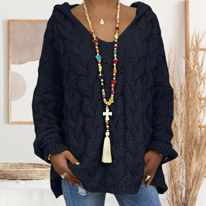 ZOCANIA Hoodie Sweaters for Women Cable Knit Womens Chunky Sweater V Neck Long Sleeve Oversized Hoodies Pullovers - Image 2
