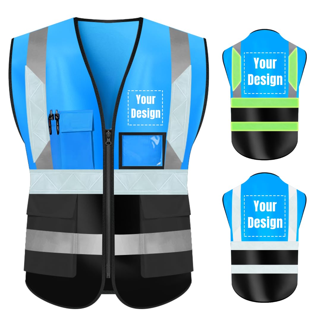 YOWESHOP High Visibility Safety Vest Custom Your Logo Protective Workwear 5 Pockets With Reflective Strips Outdoor Work Vest (L, Blue Black Luminous)
