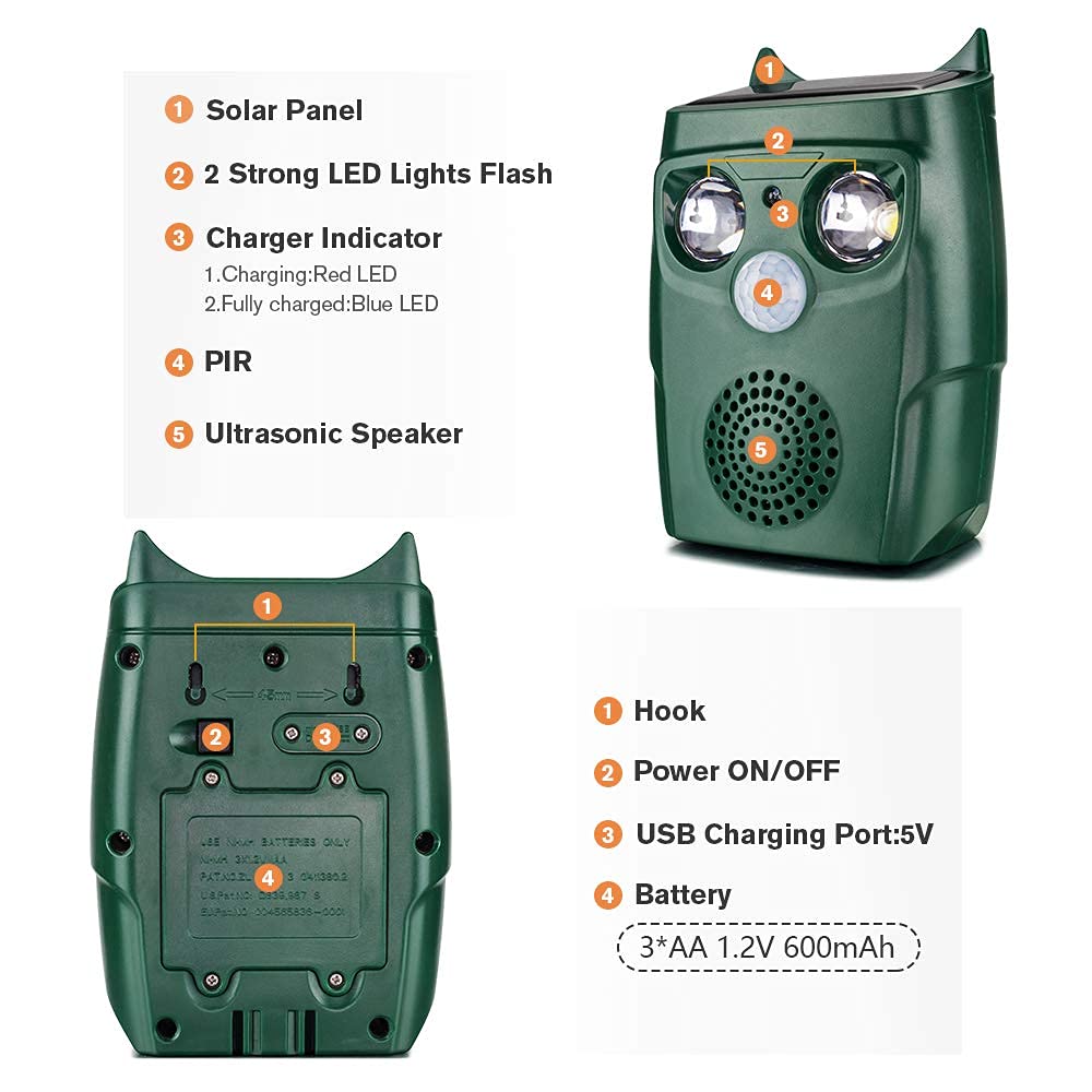 Répulsif Chat Exterieur, Répulsif Chat Ultrason Solaire, Ultrason Anti Chats, Charge de Solaire USB, Répulsif Animaux pour Chats, Pigeon, Lapin, Oiseaux, Renard, etc 3 Modes
