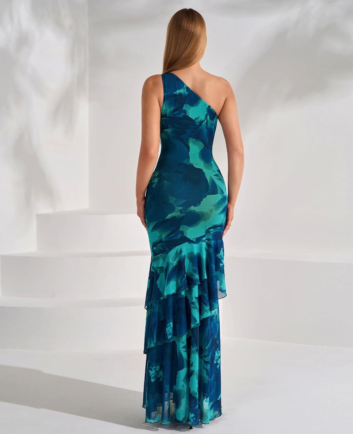 XinFSh Women's Summer Floral Wedding Guest Dresses One Shoulder Bodycon Tiered Ruffle Maxi Long Cocktail Party Dress - Image 2