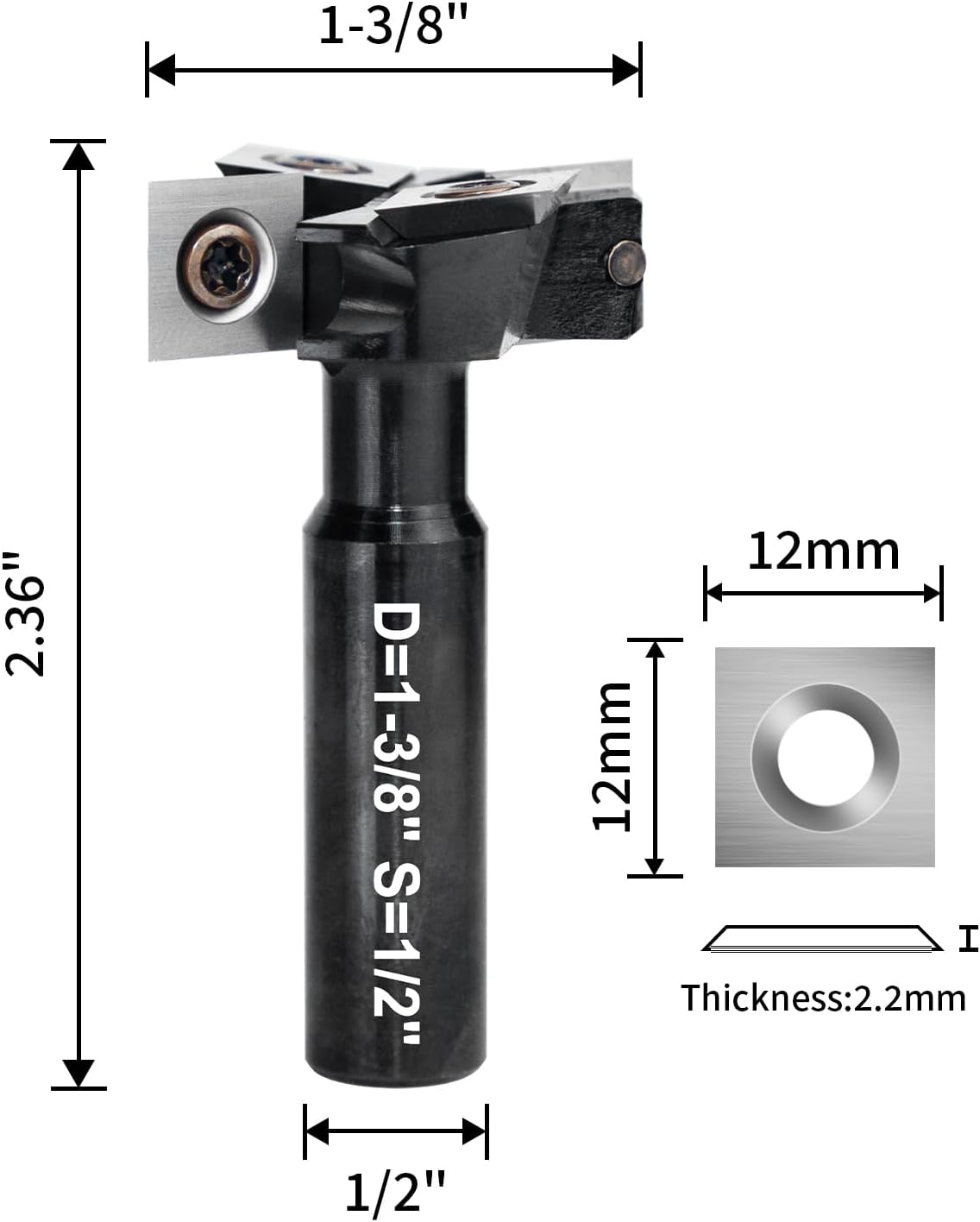 Slab Flattening Router Bit 1/2" Shank, CNC Spoilboard Surfacing Router Bit with 1-3/8" Cutting Diameter, 2+2 Flutes Insert Carbide Wood Planer Router Bits, Planing Bit for Woodworking