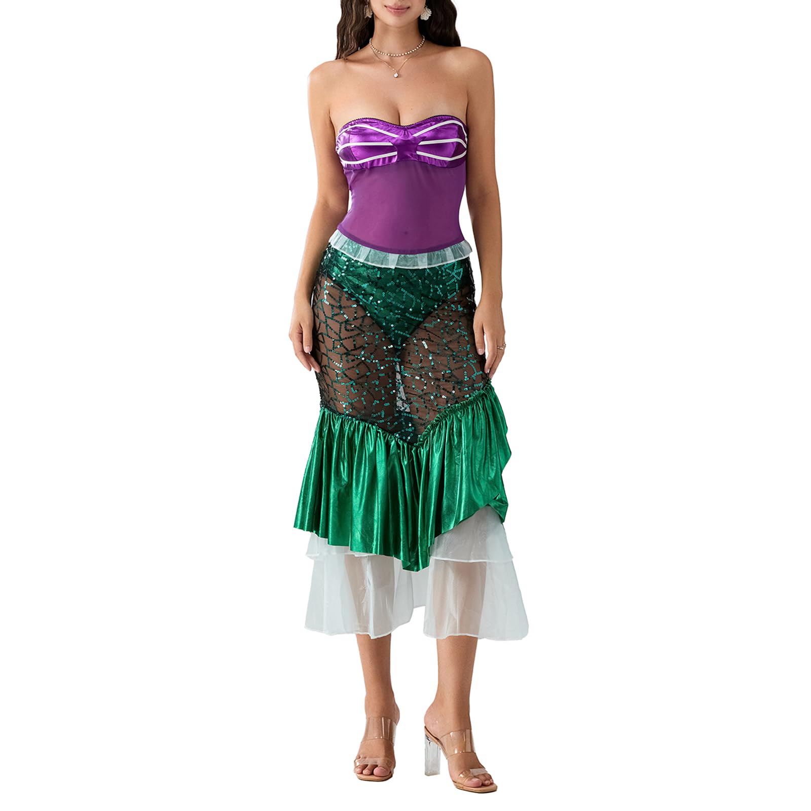 LYSINK Halloween Women Mermaid Costume Strapless Tube Tops Ruffle Sequin Long Tail Fancy Dress Mermaid Cosplay Stage Costumes (Ba Green, L) โ image 1