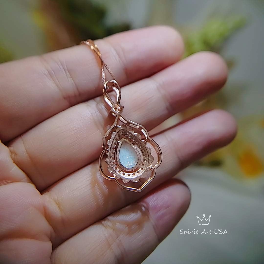 Large Opal Necklace - Rose Gold @ 925 Sterling Silver Flower Leaf Pearl White Fire Opal Jewelry - Teardrop Opal Pendant 16"~20" adjustable Chain