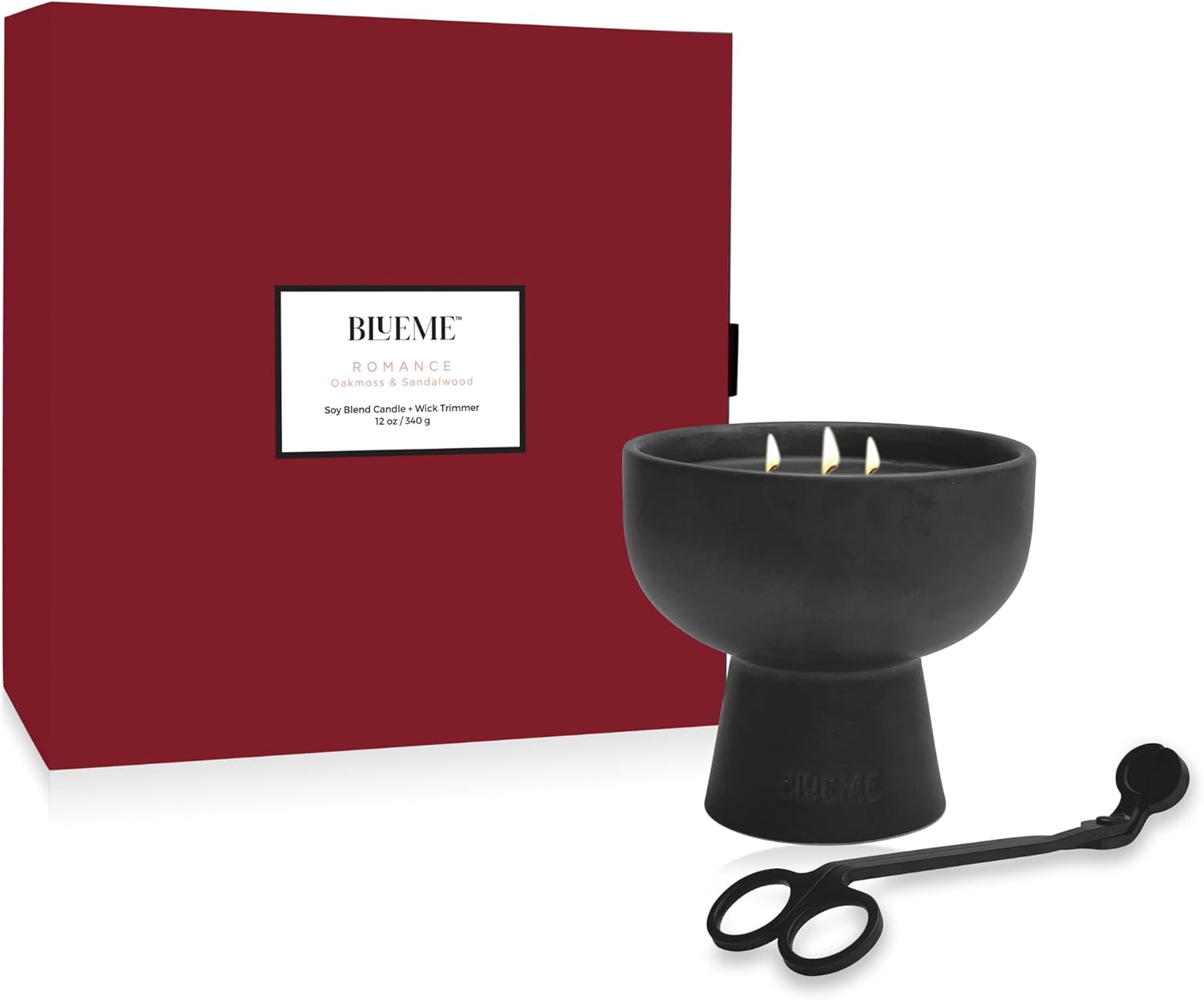 Blueme Valentines Day Candle Set | Romance- Oakmoss & Sandalwood | Black Ceramic Candle w/Wick Trimmer | Essential Oil, Natural Cotton Wick, Soy-Wax Blend, Hand Crafted Ceramic Vessel | 12oz Red Box