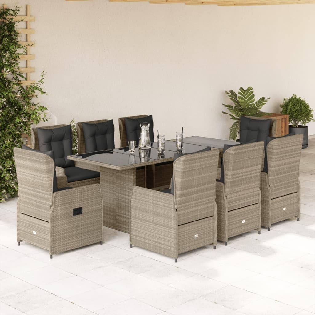Juego de muebles de jardín de 9 piezas con cojines gris claro de polirratán, mesa con 8 sillas, muebles de balcón, muebles de terraza, jardín, balcón -K