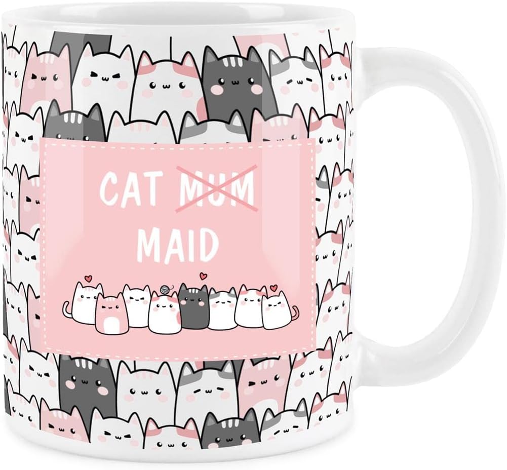 Purely Home Mums Cat Mug - Maid Servant Cats Lover Tabby Black Cat - Feline Pink and White Owner Gift - White Handle - Secret Santa
