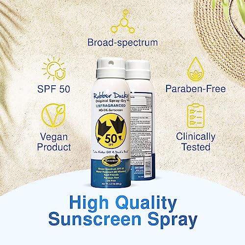 Rubber Ducky 2-Pack Spf 50 Traditional Spray-Dry Sunscreen For Face And Body, Oil-Free, Oxybenzone-Free, Octinoxate-Free (No-Ox) 8 Hr Water Resistant - 3.3 Ounce Spray #TOP2