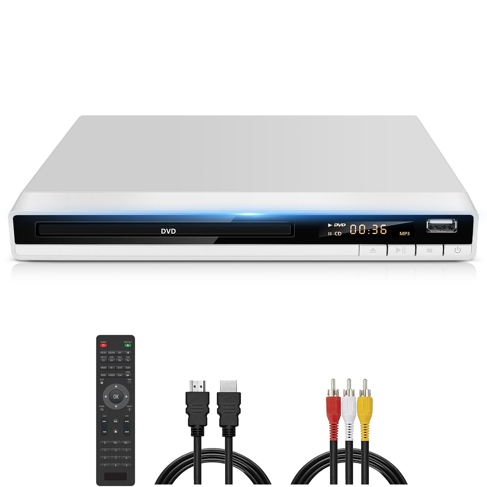 Lettore DVD Multiregione con HDMI per TV | JOVELL Riproduttore CD MP3 con Ingresso USB | Include Telecomando e Cavi HDMI/RCA | Perfetto per Film Familiari, Riproduce Tutte le Regioni (Bianco)