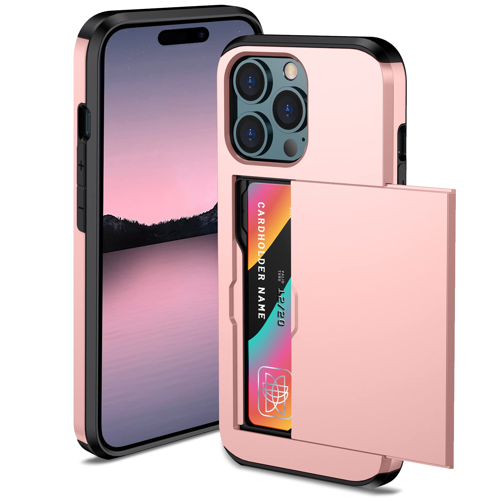Compatible for iPhone 14 Pro Max Wallet Case with Credit Card Holders Slots Dual Layer Shockproof Hard PC Soft TPU Slide Flip Protective Case for 14 Pro Max 6.7 Inch (2022) Rose Gold