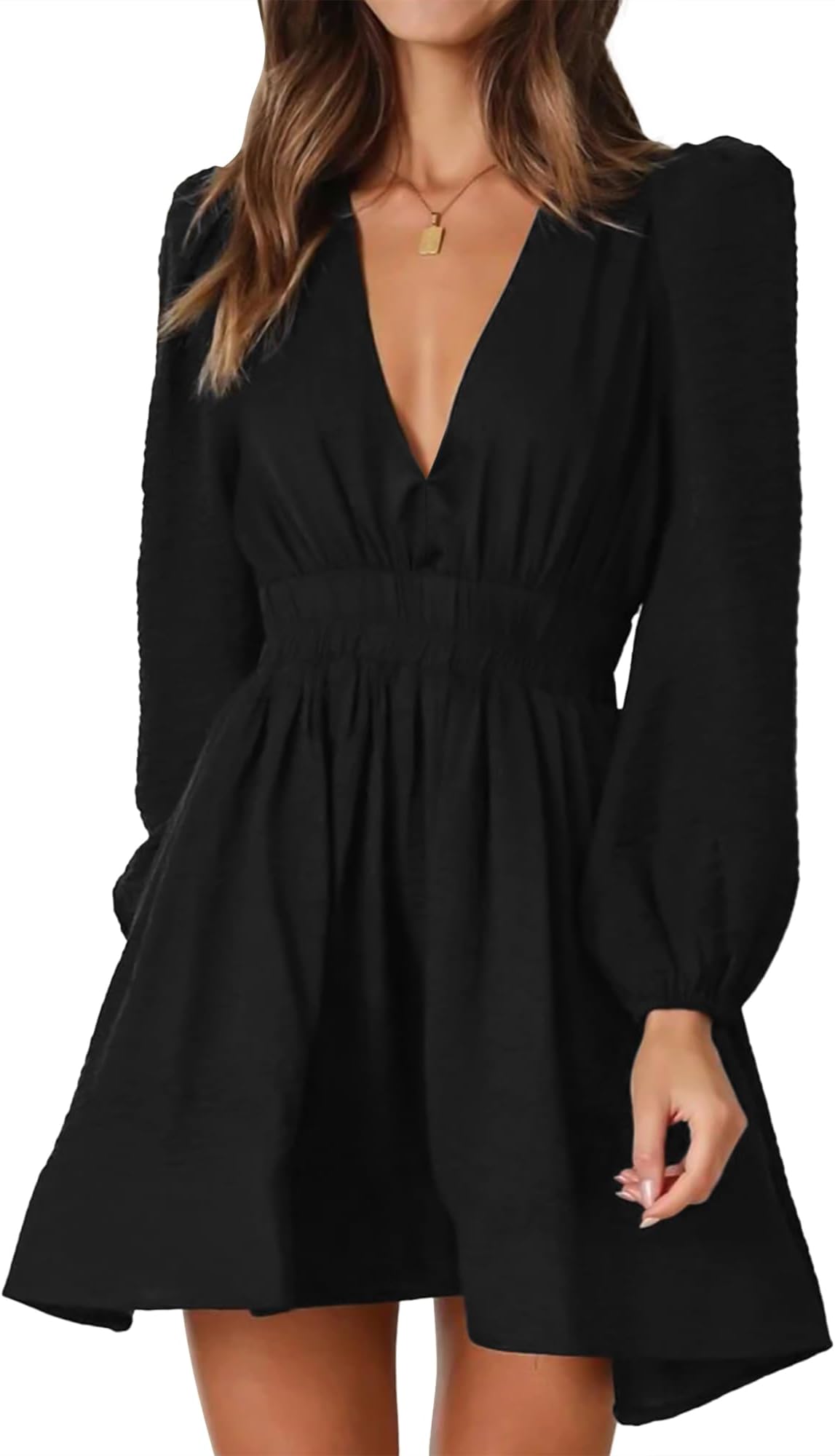 Mini Deep V Sexy Long Sleeve Dress for Women A-line High Waisted Casual Flowy Dress for Cocktail Wedding Guest
