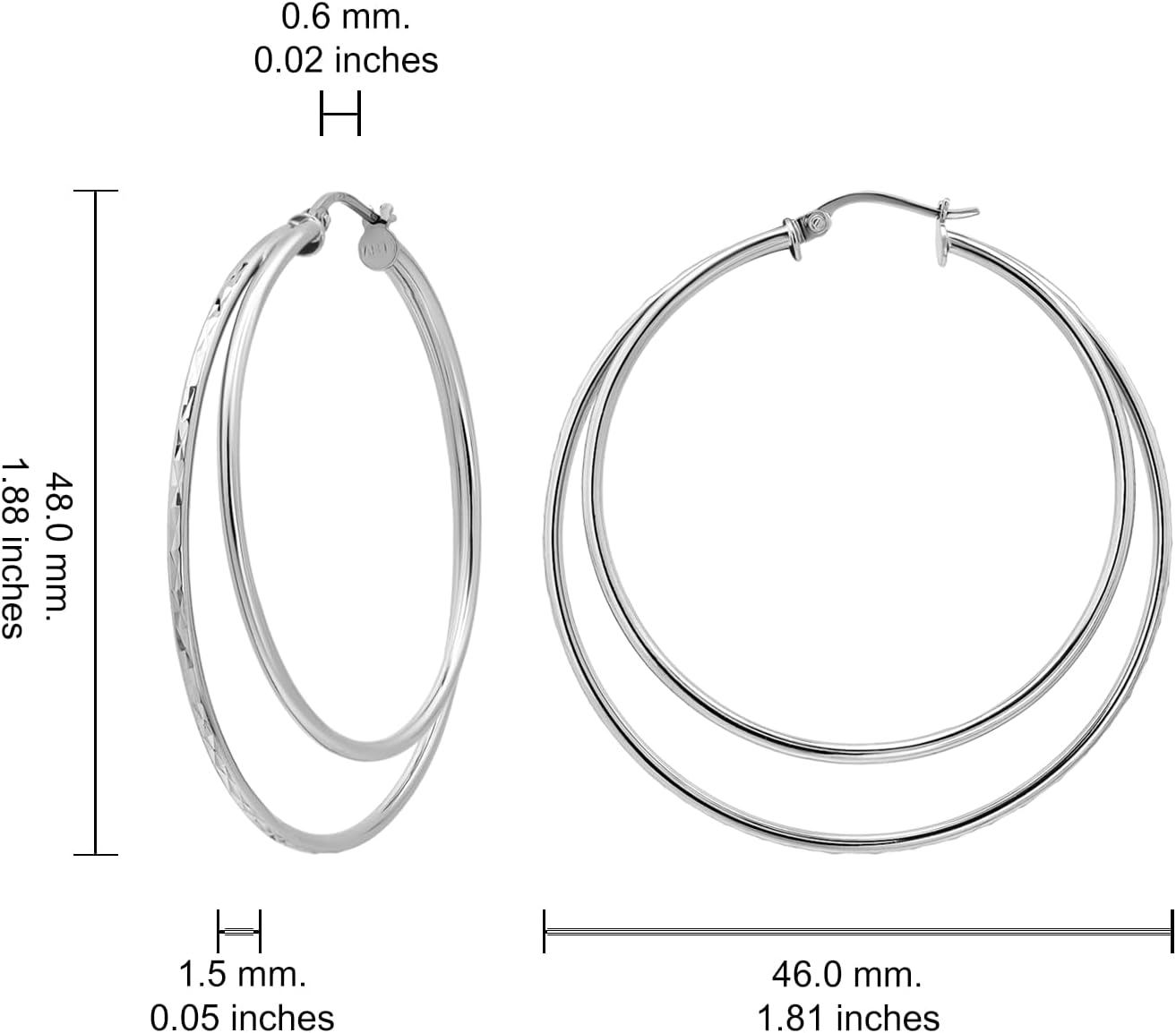 Hoops&Loops 925 Sterling Silver Diamond-cut Double Row Large 48mm Round Hoop Earrings for Women, Silver, Yellow & Rose Gold Flashed Sterling Silver - Image 6