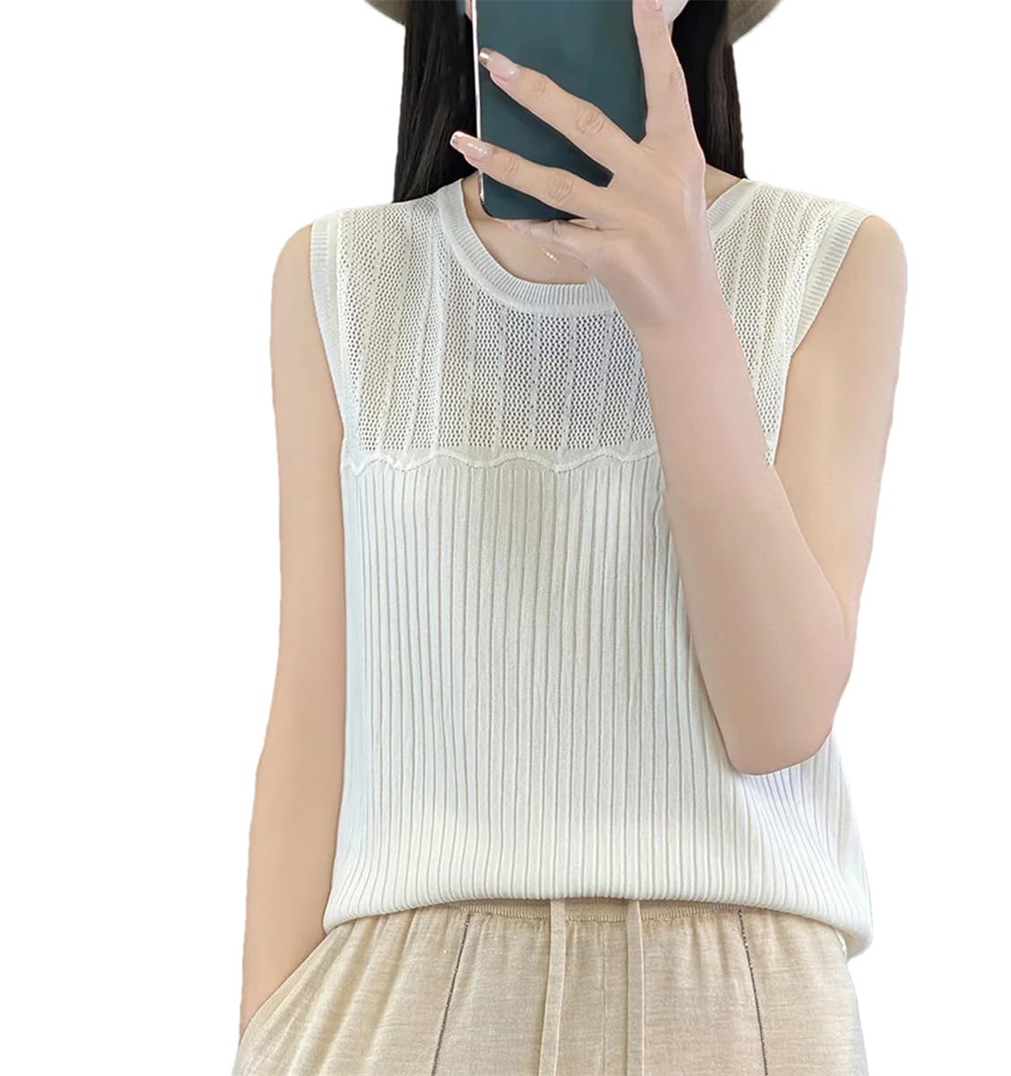 Camiseta Sin Mangas De Algodón De Verano para Mujer, Jersey Informal De Color Sólido con Cuello Redondo, Top Versátil Suave Y A La Moda