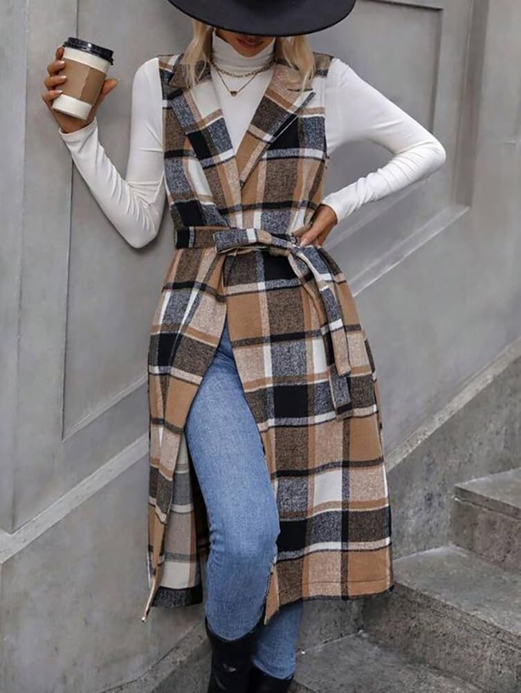IDEALSANXUN Womens Long Plaid Vest Fall Winter Sleeveless Blazer Jackets Open Front Cardigan - Image 2