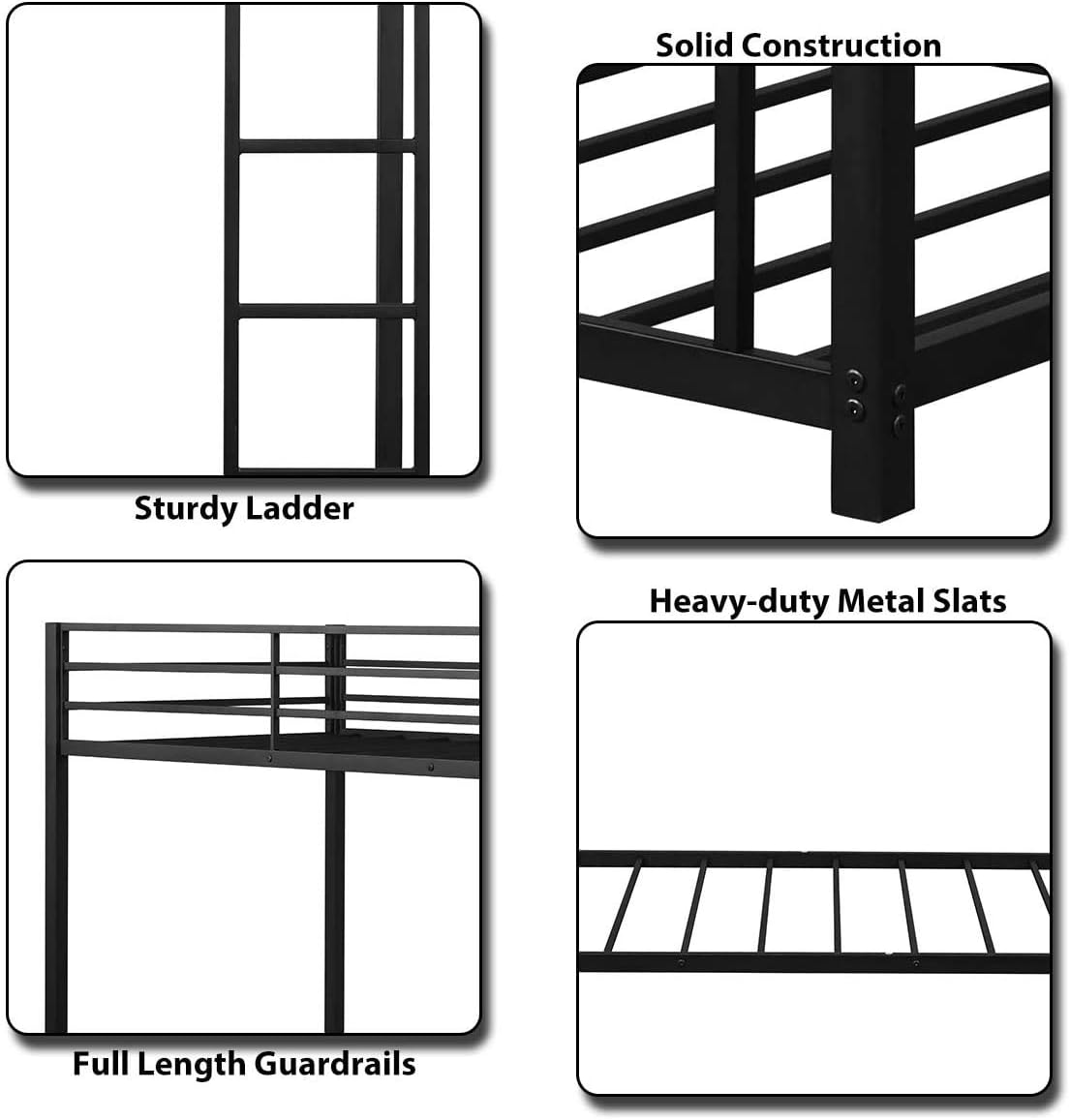 LDAILY Moccha Metal Twin Over Twin Bunk Bed, Bunk Twin Bed with Metal Frame, Bunk Bed with Ladder & Safety Rail, Bunk Twin Bed for Kids, Teens & Adults, Black