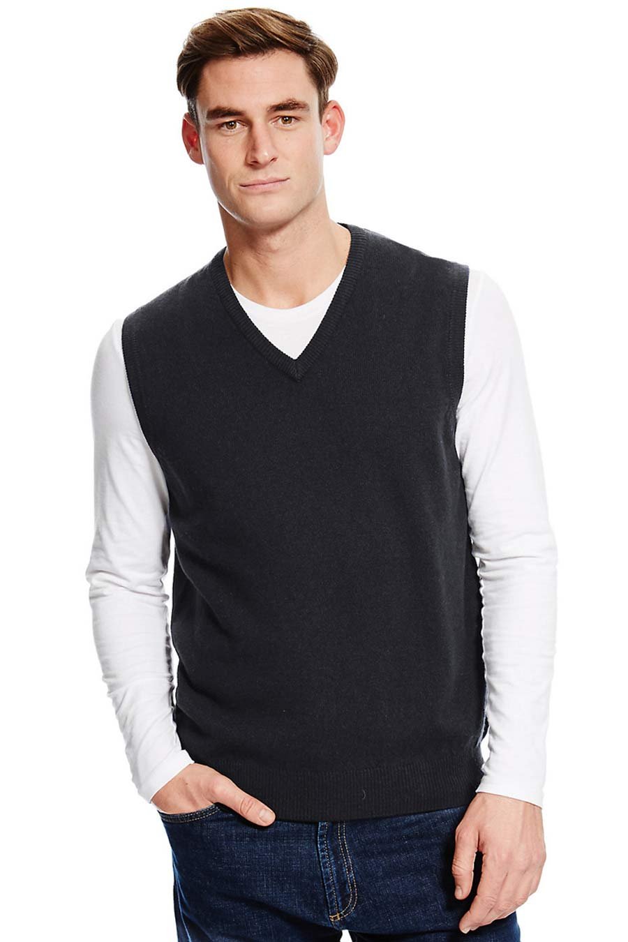 Aarhon Mens V Neck Sleeveless Knitted Jumper Plus Size Sweater Mens Top Size UK-Black-M