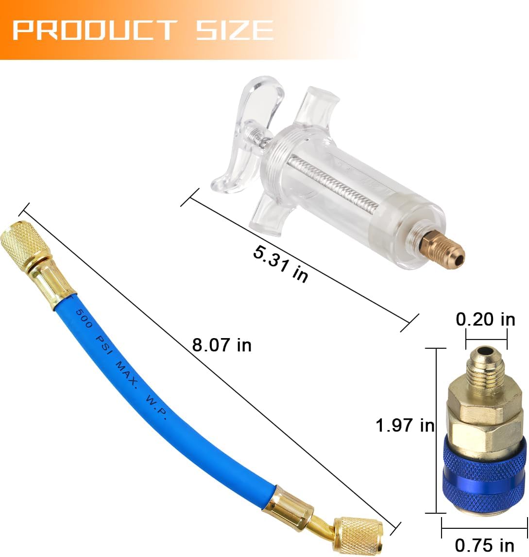 Car Oil and Dye Injector Kit with Quick Coupler, 30ml/1 Oz Hand Push Vehicle Compressor with 1/4 SAE Connector, Manual Auto AC Oil Dye Filler Refrigerant Tool, Universal for Most Cars