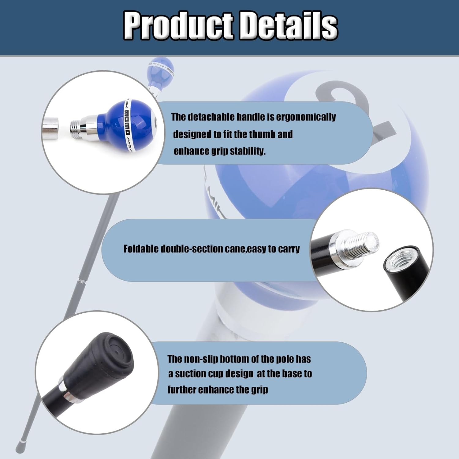 Blue and White Ball Walking Stick with Cane Clip, Ball Stick Removable Anti Slip, for Cosplay Collection Decor 93cm