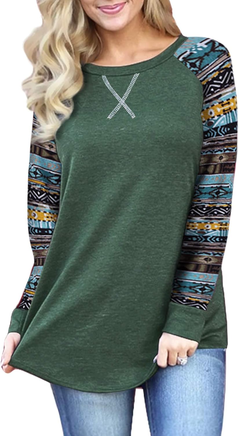 Womens Long Sleeve Buffalo Plaid Shirt Loose Fitting Patchwork Raglan Check Tops