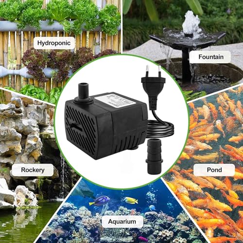 Mini bombas de agua ultra silenciosa con alta carrera (350 l/h, 5 W), con cable de alimentación de 1,5 m, 2 boquillas para acuarios, estanques, fuentes, estatuas.