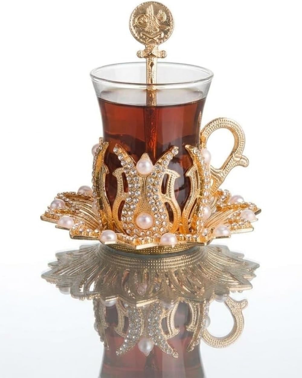 BOSPHORUS Turkish Tea Glasses Set with Saucers Holders Spoons, Decorated with Swarovski Type Crystals and Pearl, 24 Pcs (Gold) - Set of 6 1