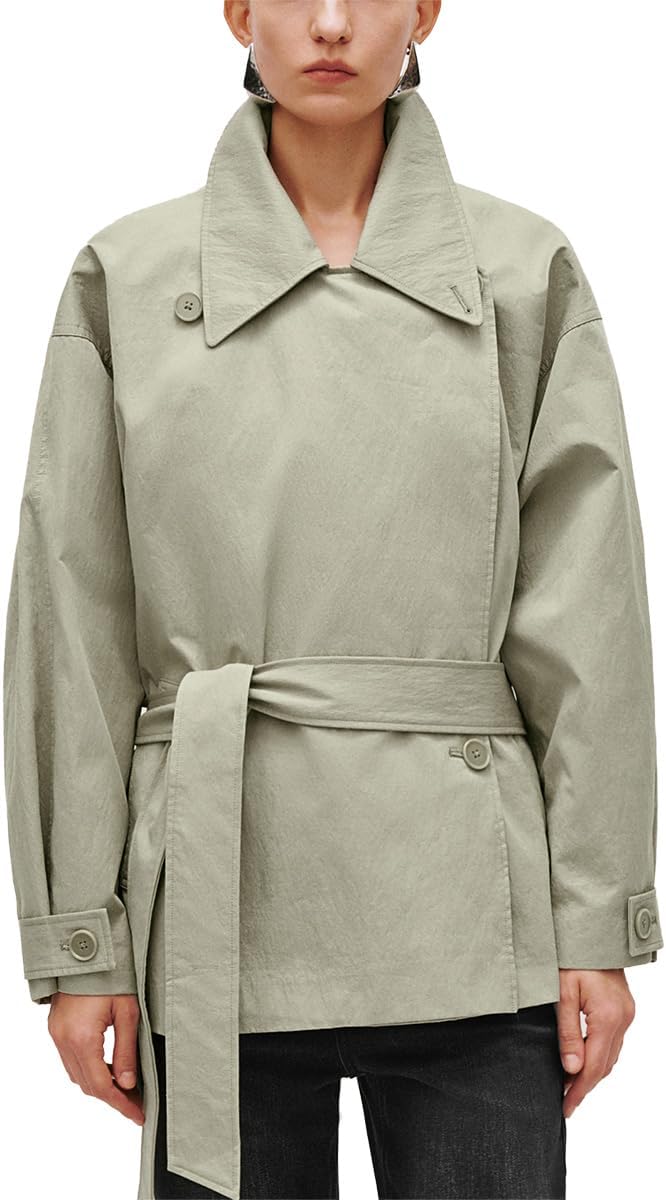 URBAN REVIVO Beige Cotton Trench Coat for Women, Oversized Lapel with Drop Shoulder & Belt
