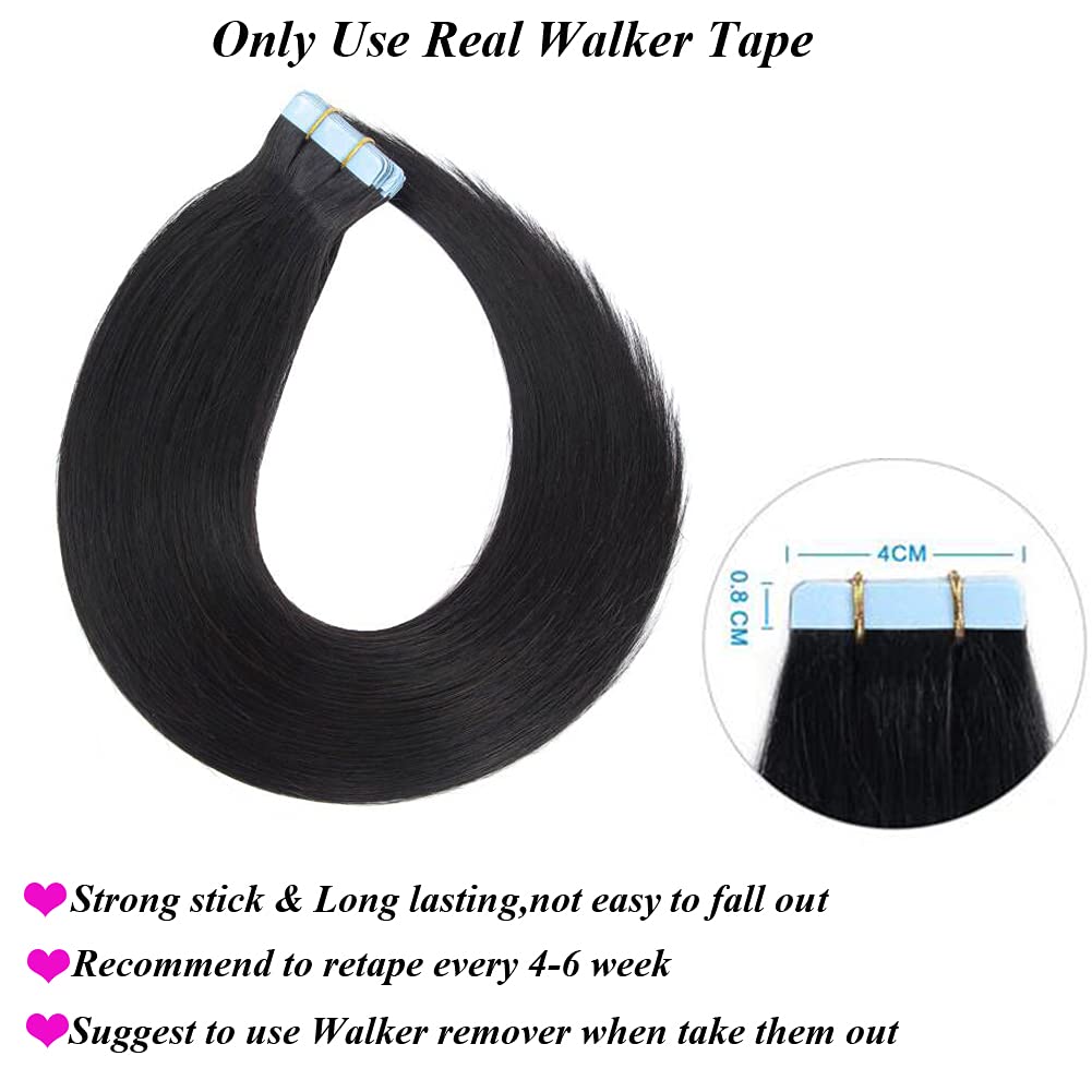 Amella Hair Tape in Hair Extensions Natural Black Real Remy Hair Extensions Seamless Straight Human Hair Extensions 20pcs 50g 20inch,Natural Black Color