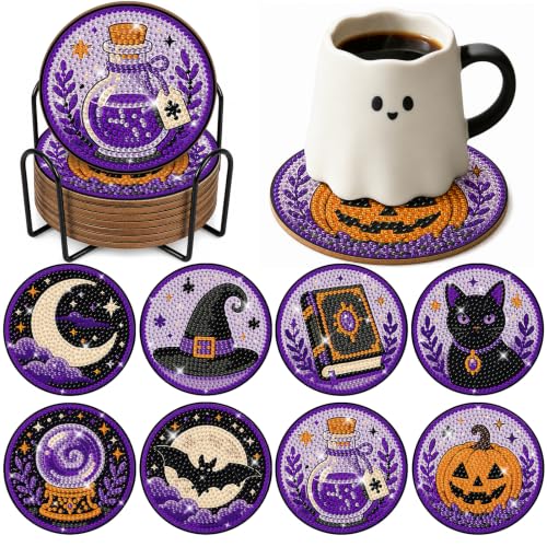 8 Pcs Halloween Diamond Art Painting Coasters Kit swith Holder DIY Mysterious Purple Art Painting Coasters Halloween Diamond Art Coaster for Home Decor Arts Craft