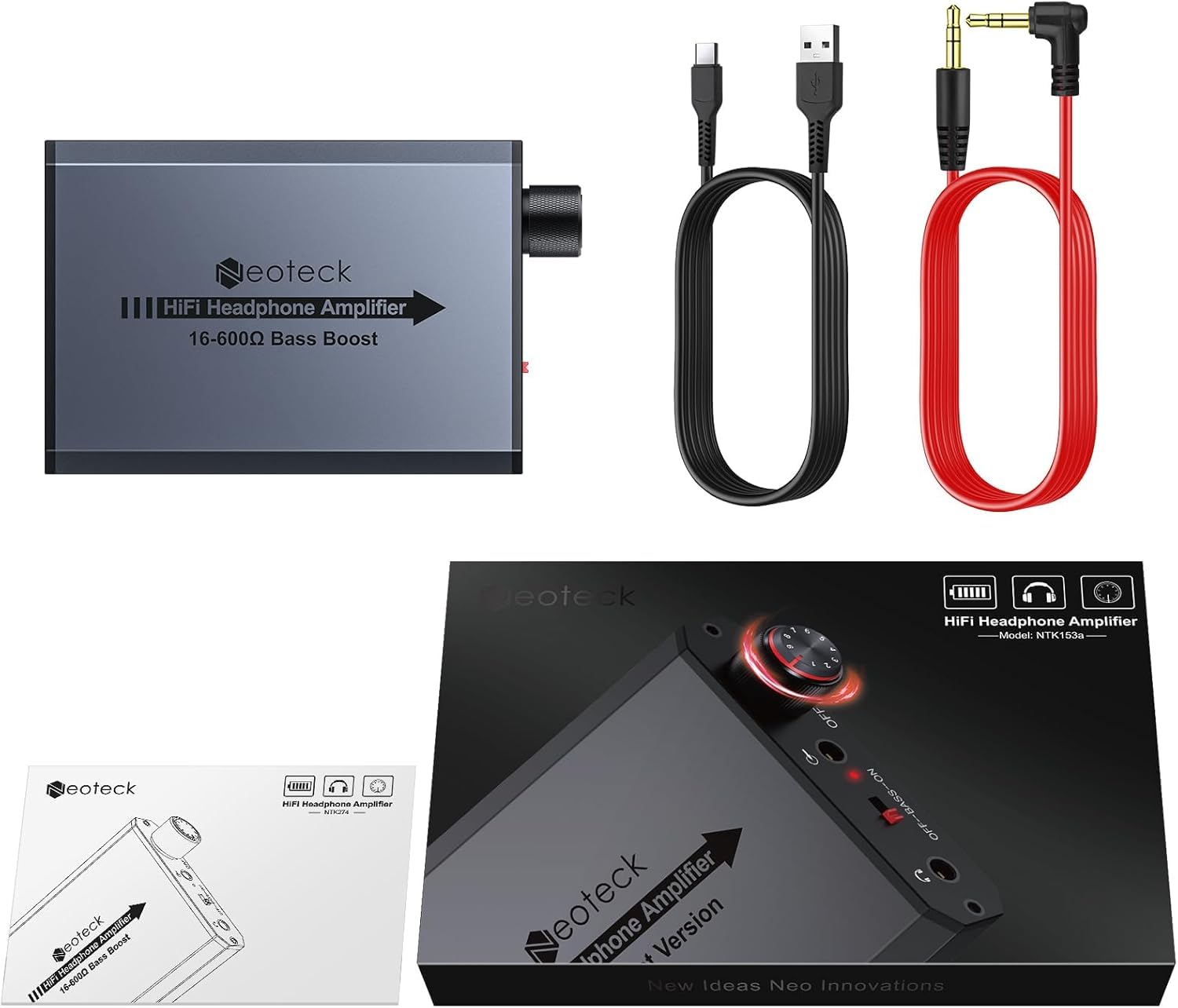 Neoteck Amplificateur Casque Portable avec Bass Boost 3.5mm - 600Ω Haute Impédance, Mini Ampli Audio HiFi, Aluminium, Faible Distorsion, Batterie Rechargeable - Compatible iPad, PS5, Téléphone, PC