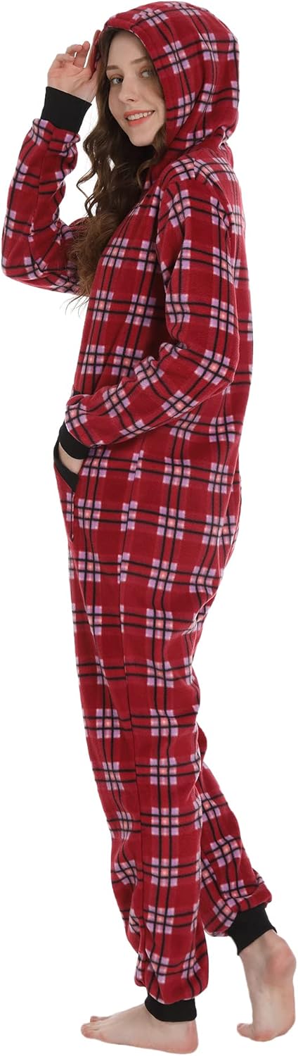 Unisex Check Onesie Christmas Zip Up Matching Onesie Hooded Pajamas One Piece Non-Footed Jumpsuit Adult Teenager - Image 2