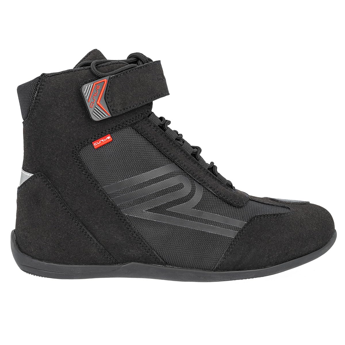 CURVE Botas moto Radium Negro, Micro amara, Protección cambio, tobillo y talón, Cierre autoadherente con cordones, Suela antideslizante, Adultos, Hombre, Mujer, CE